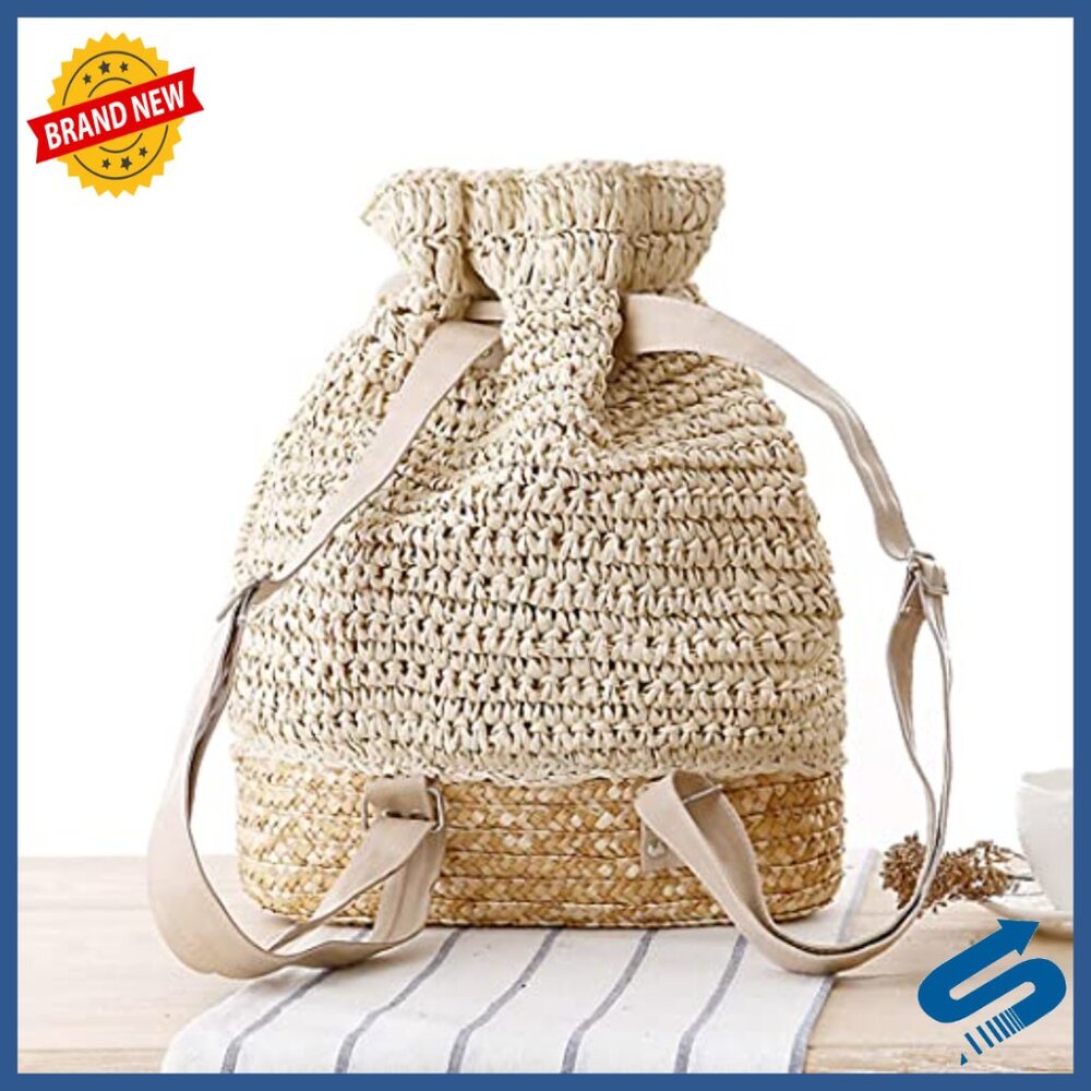 Straw Woven Drawstring Backpack with Leather Stra… - image 2